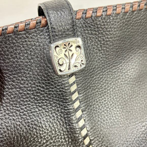 Brighton black pebbled leather shoulder bag purse gold & silver woven trim - Picture 7 of 9